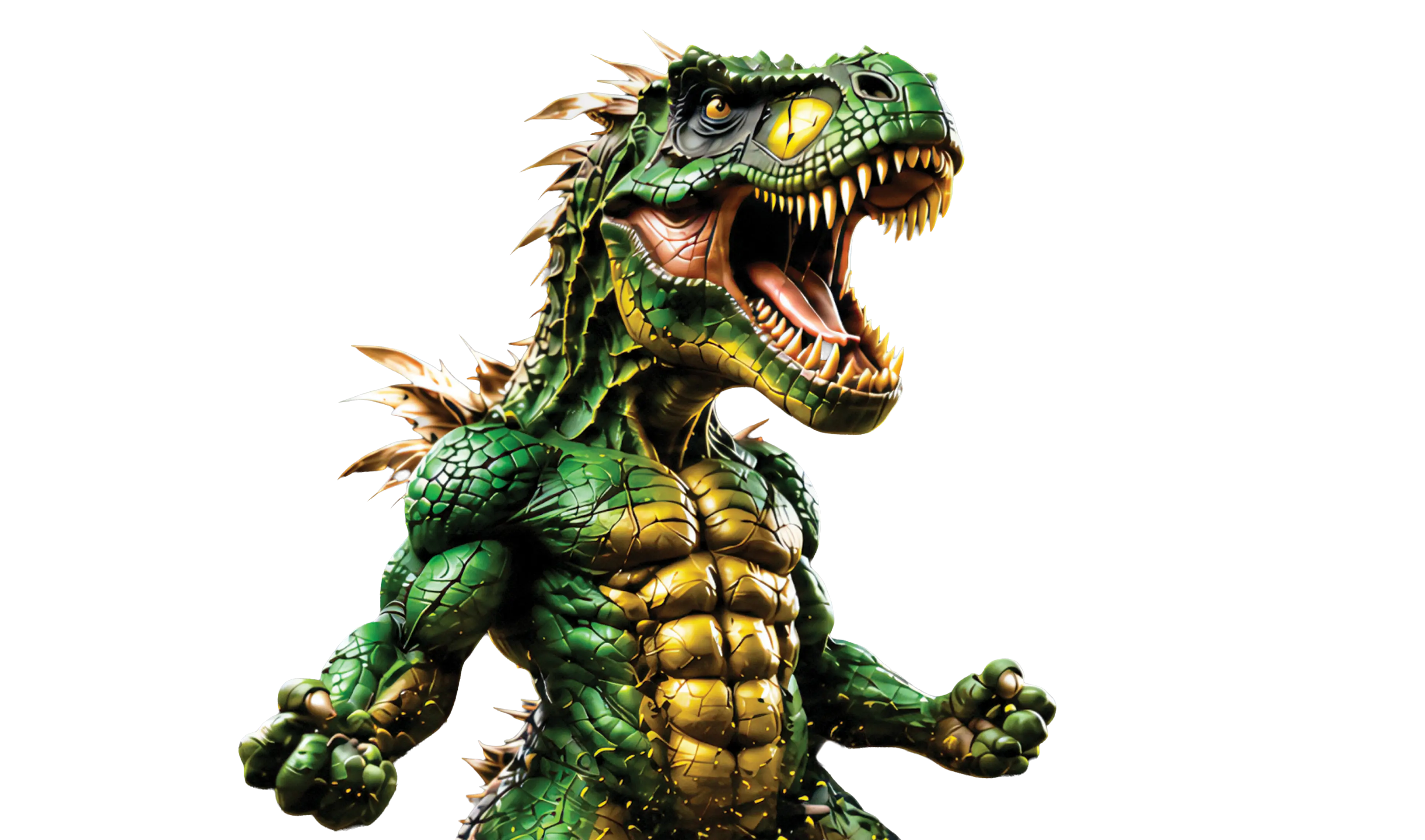 A roaring green-and-gold T-Rex character on a black background