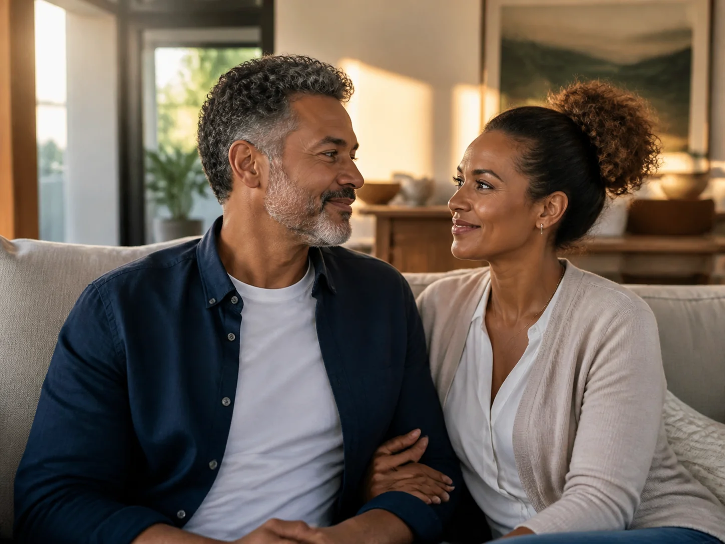 A mature couple sharing a warm, private moment at home