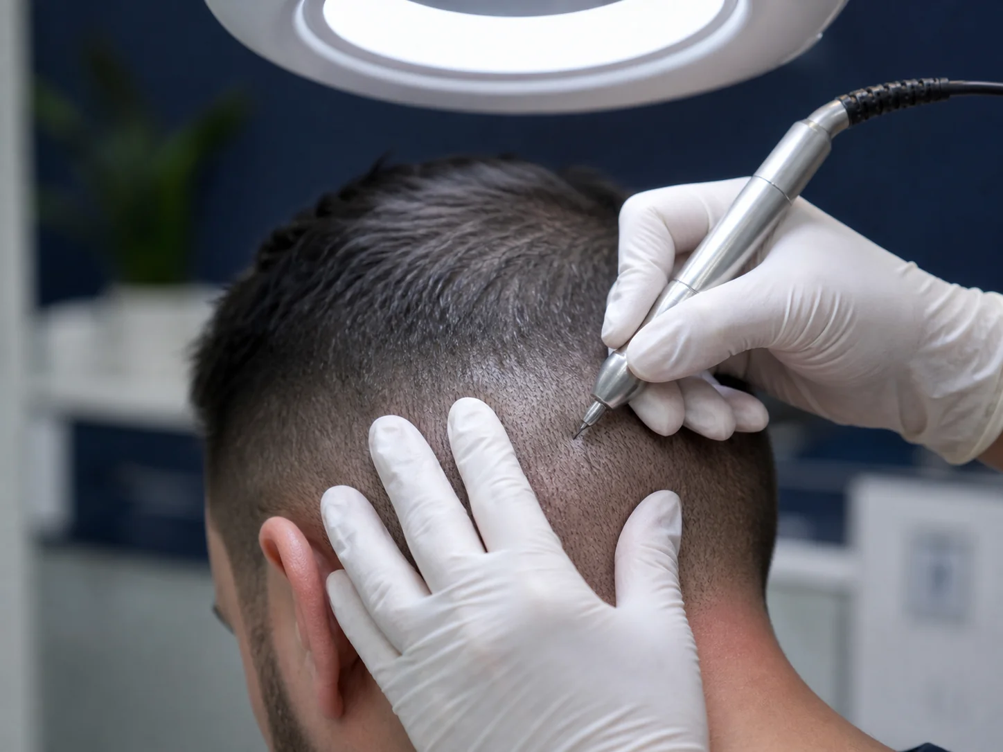 A clinician performing a precise FUE hair-restoration procedure at the donor area