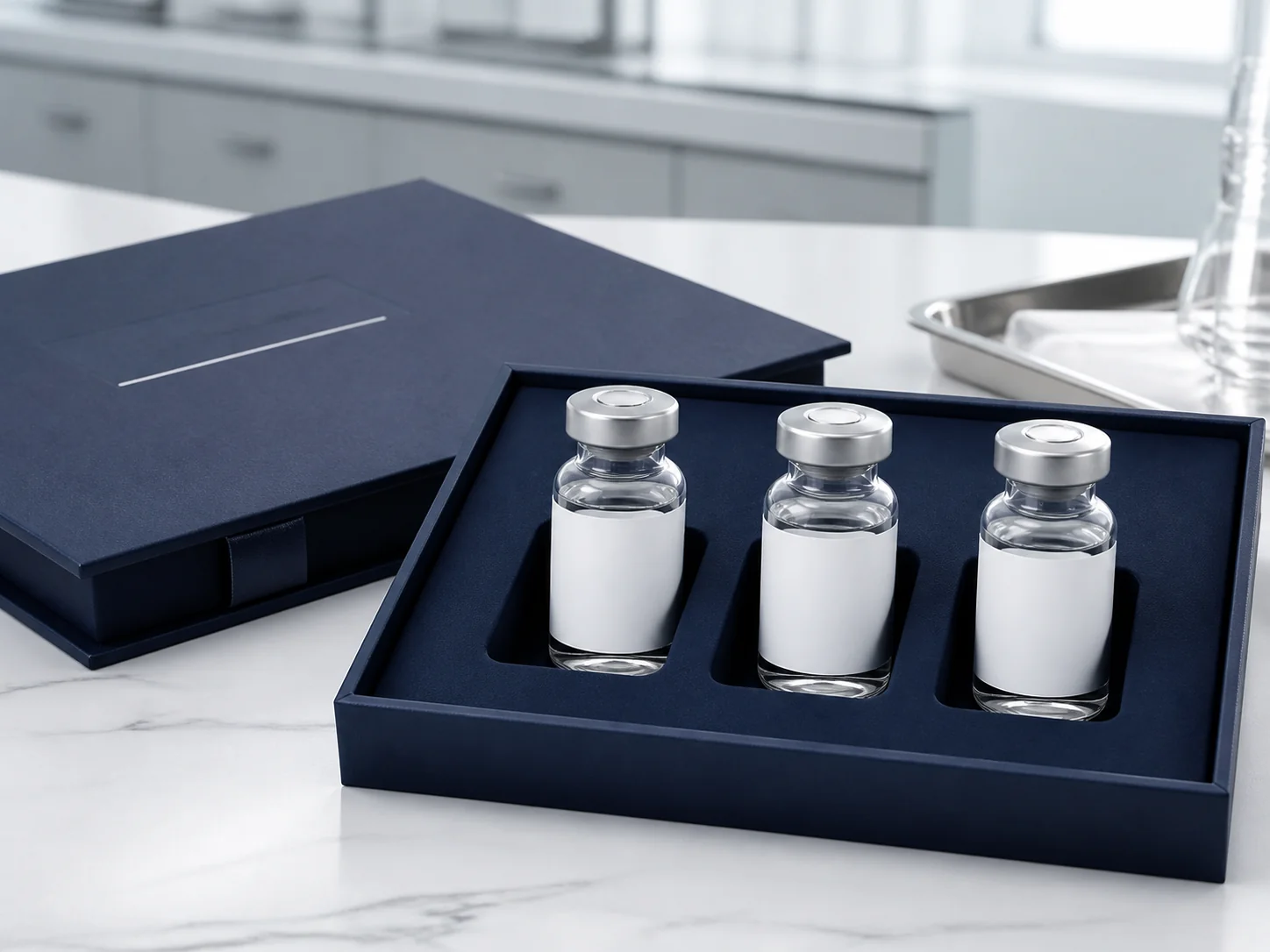 Three sealed generic peptide vials arranged in a clinical program tray