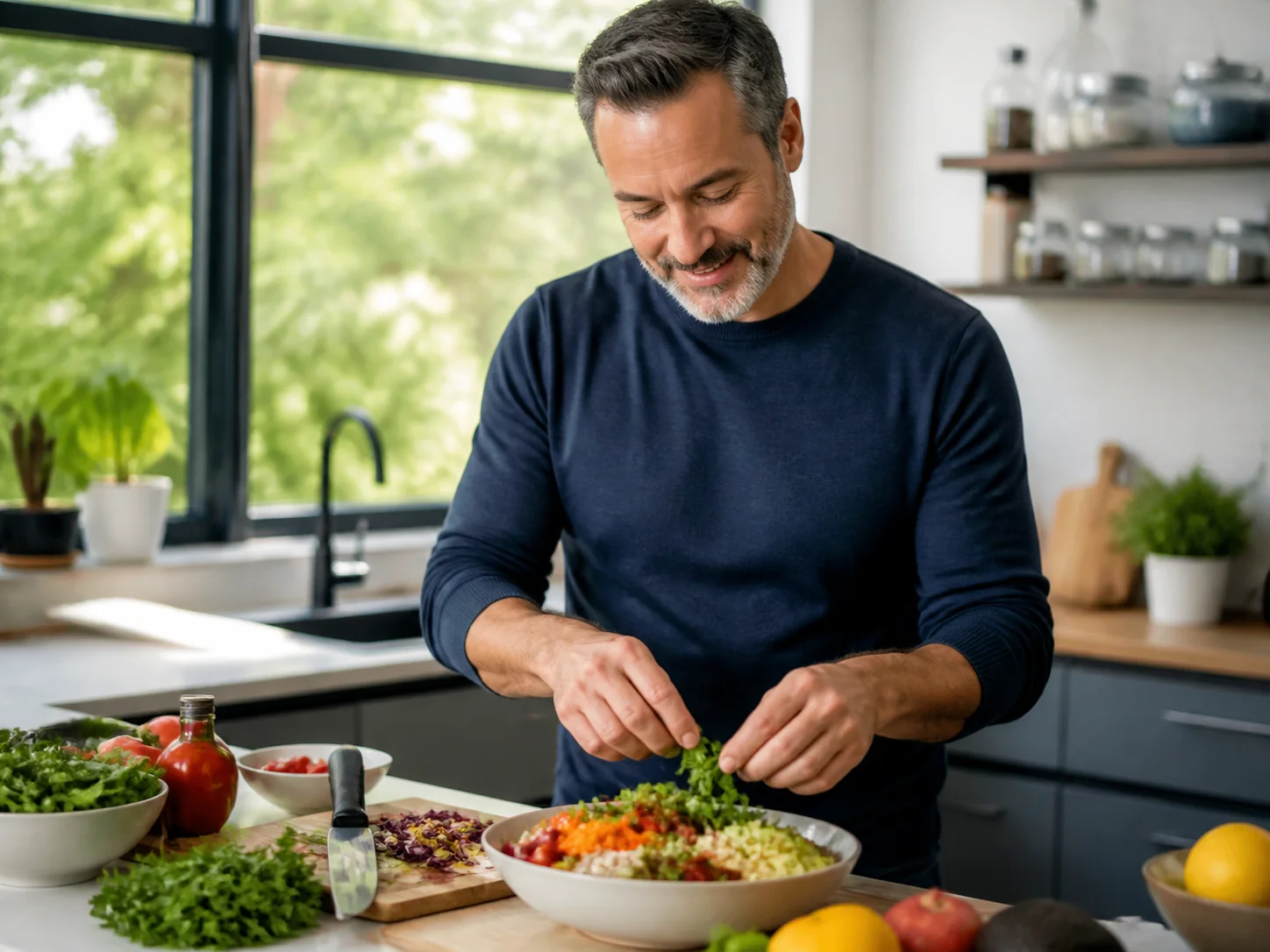 A man preparing a balanced meal in a bright home kitchen