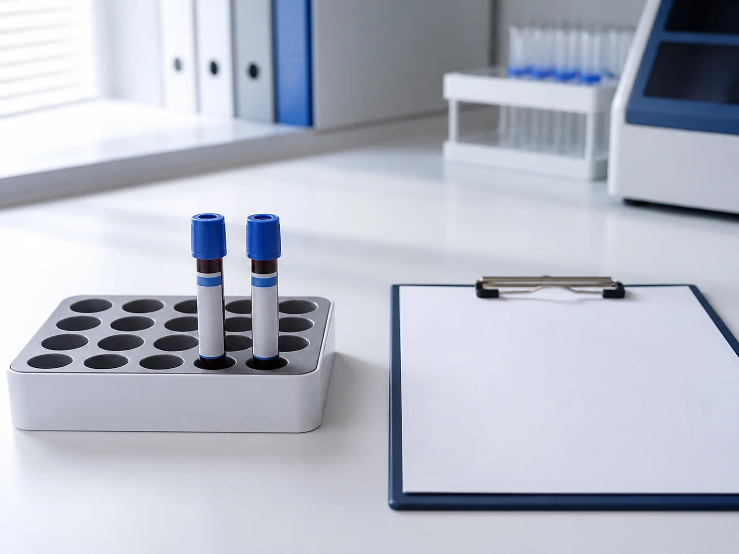 Two separate sealed blood specimens on a clinical laboratory bench