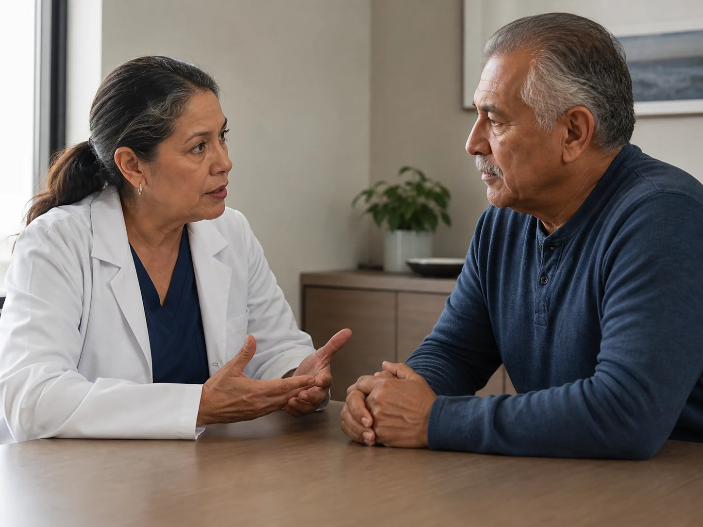A physician having a serious, open conversation with an older patient