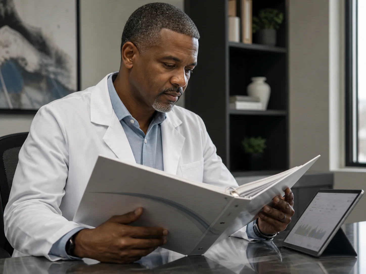 A physician carefully reviewing clinical protocols and trend data
