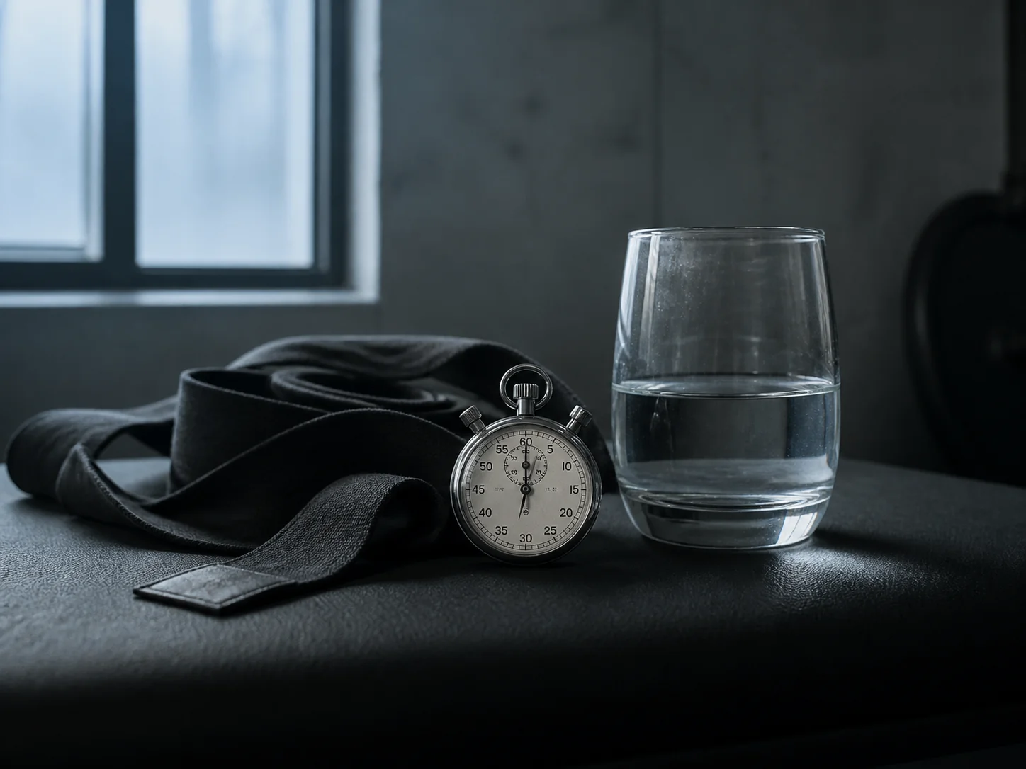 A paused stopwatch, training wraps, and water suggesting slower recovery